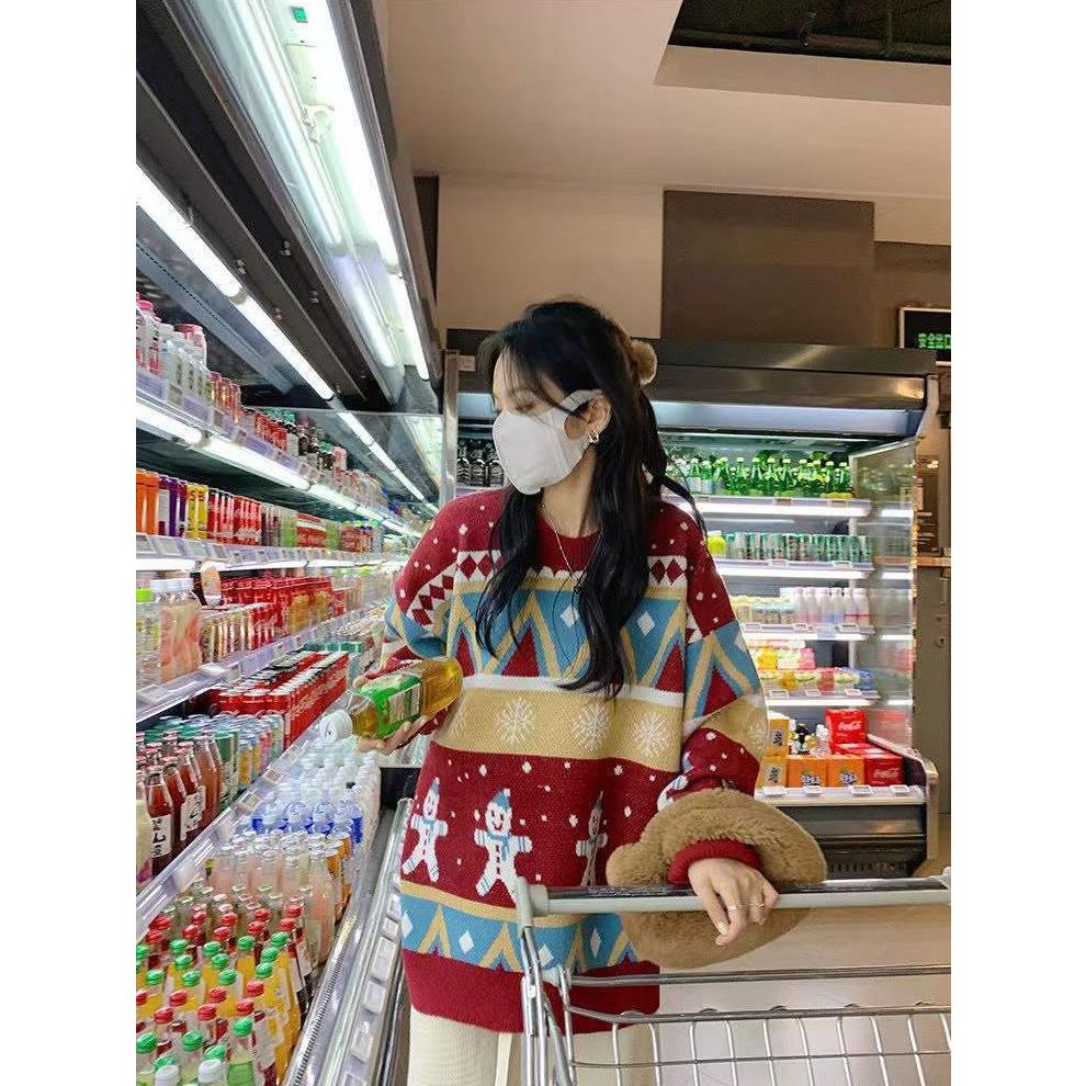 雪中飞红色圣诞节毛衣女秋冬款闺蜜装加厚宽松高级感韩系慵懒复古