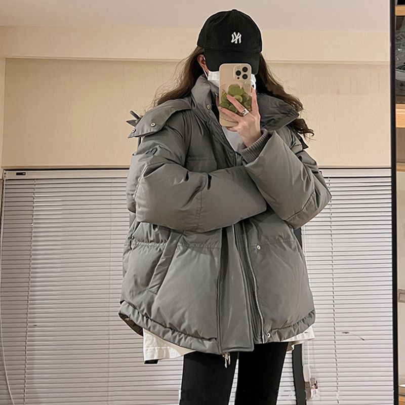 新款灰色爱心羽绒服女2023年新款男女情侣学生加厚面包服冬季外