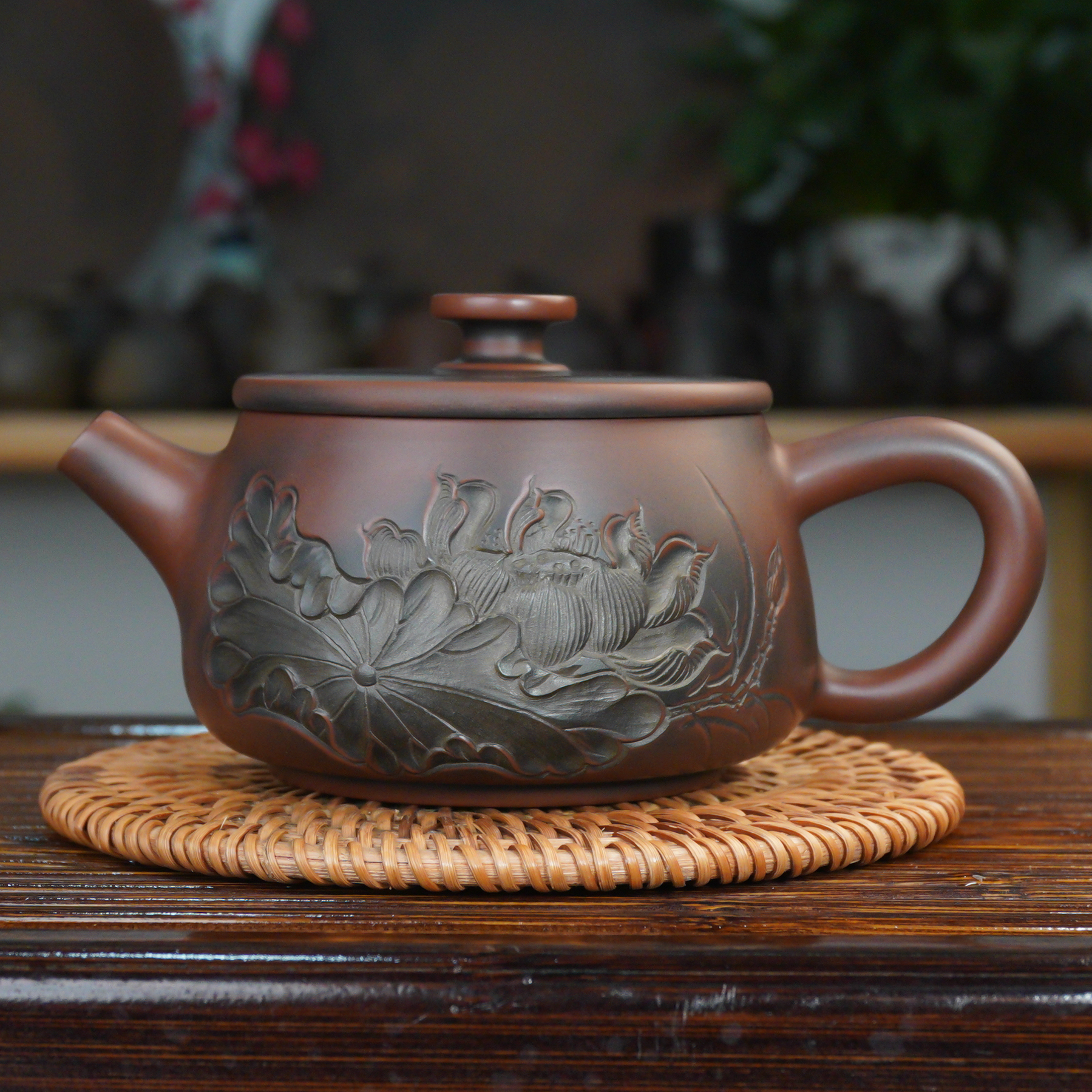 广西钦州坭兴陶茶壶纯手工荷花浮雕大宽口汉瓦壶 可提可转 不挑茶