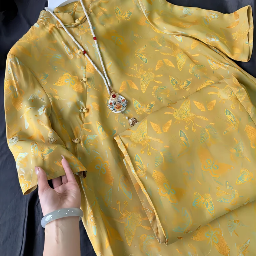 2419『彩蝶』三色色织短款连衣裙常熟新中式中国风网红复古时尚