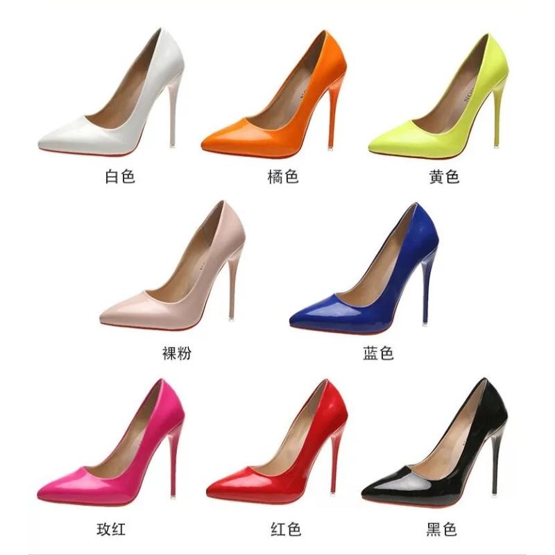 35-45码 欧美水果色12高跟鞋超细跟女鞋浅口尖头漆皮单鞋大码