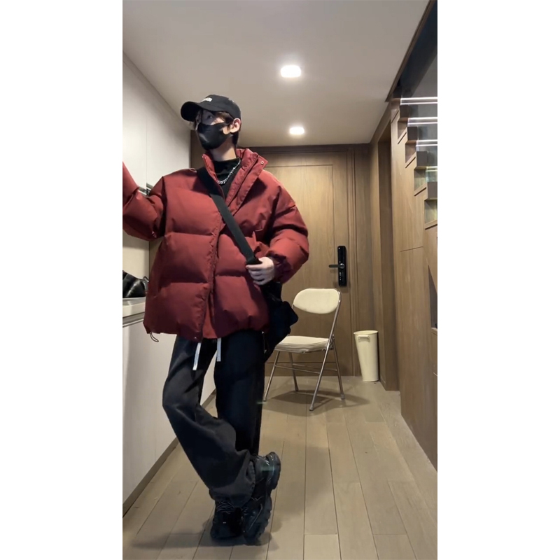 酒红色棉服男款冬季加厚保暖立领棉衣美式复古面包服外套