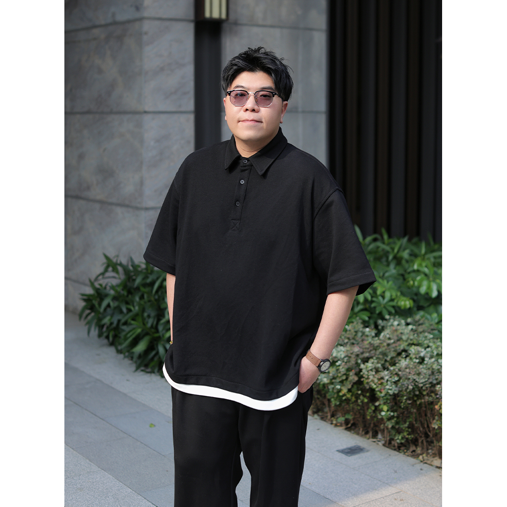 特价 宽松假两件POLO衫男大码宽松珠地棉透气翻领短袖T恤胖男生潮