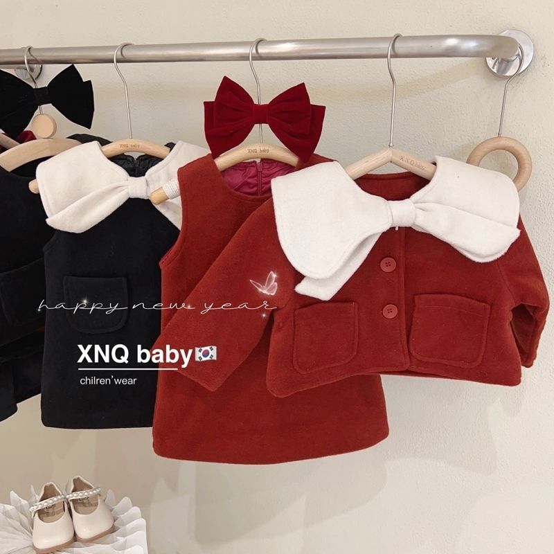 女童红色毛呢新年洋气套装裙最新款秋冬小香风外套蝴蝶结背心裙爆