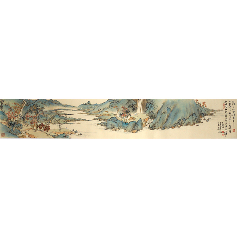 山东老耿定制《秋林雅兴》国画青绿工笔山水手绘卧室客厅装饰3944