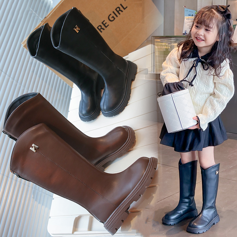 ABCYEEF2023秋冬季新款加棉女童大牌金属扣长靴