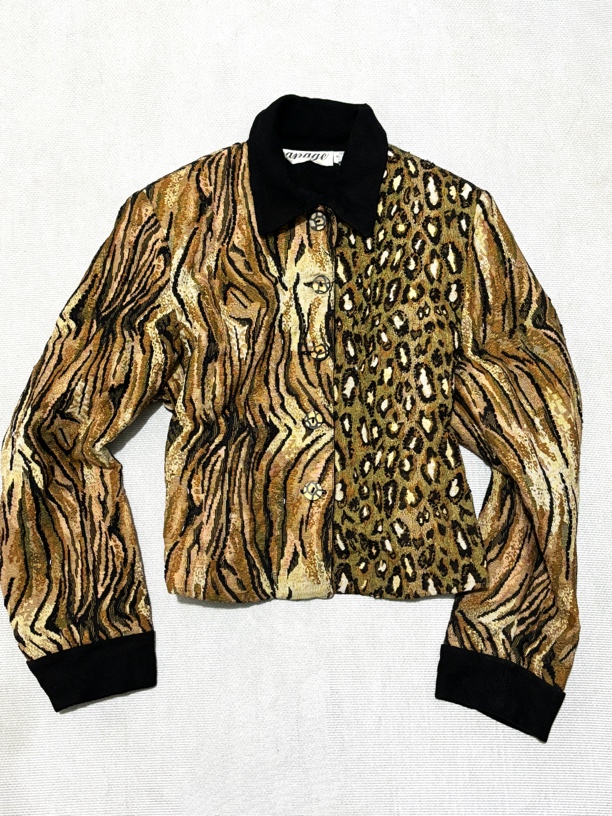 古着长袖时尚休闲印花豹纹春秋百搭花色复古牛仔外套短款满印翻领