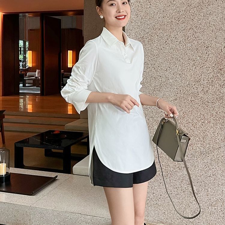 白开水衫女四面弹亲肤透气面料外穿时尚打底潮流长袖开叉衬衫
