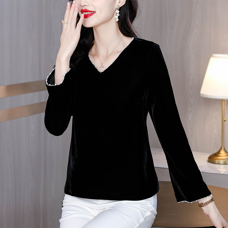 黑色V领金丝绒打底衫 女长袖春秋新款高级感内搭小衫时髦洋气上衣
