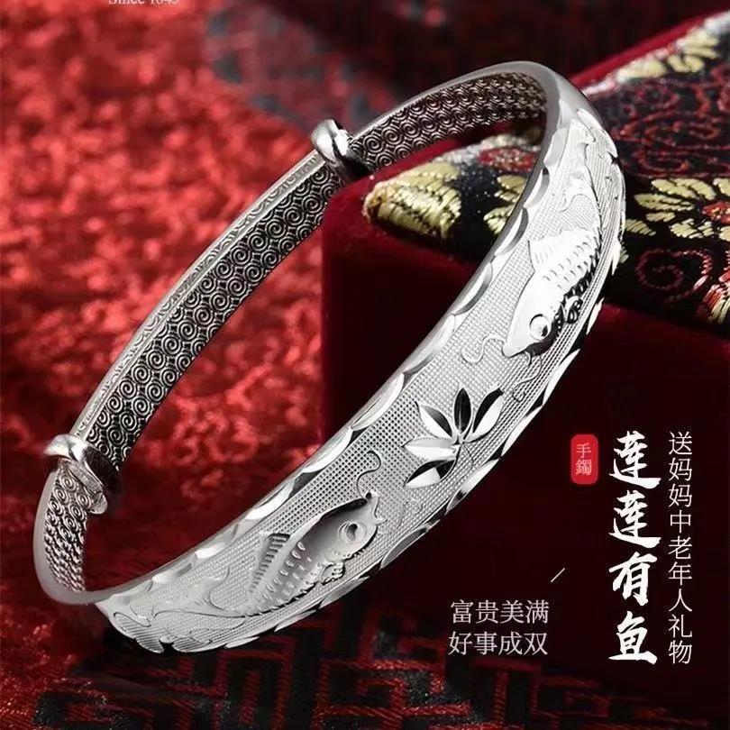 足银手镯  正品纯银手镯女足银999福字镯子可调节实心送妈妈简约