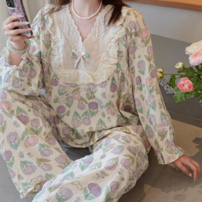 云舒绵眠/V领大码纯棉舒适宽松透气春秋女士高档睡衣长袖长裤套装