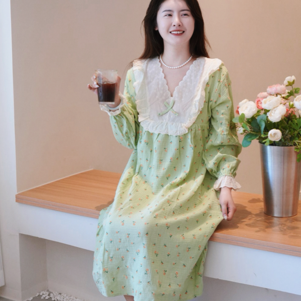 【V领长袖裙】纯棉蕾丝双层皱纱棉舒适透气女士气质高档家居睡裙