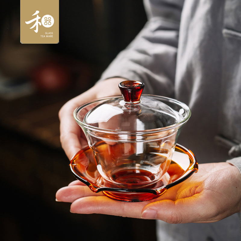 禾器·荷叶三才盖碗 高档玻璃茶具 家用手工加厚耐热透明茶盖碗