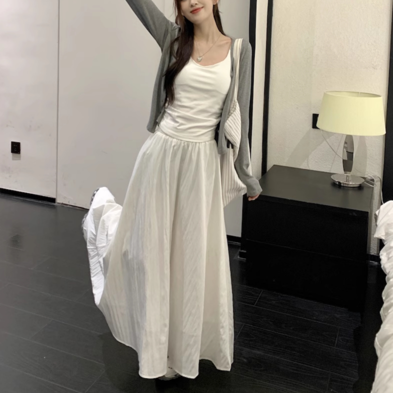 韩系薄款开衫半身裙打底吊带背心法式气质女装半身裙子三件套套装