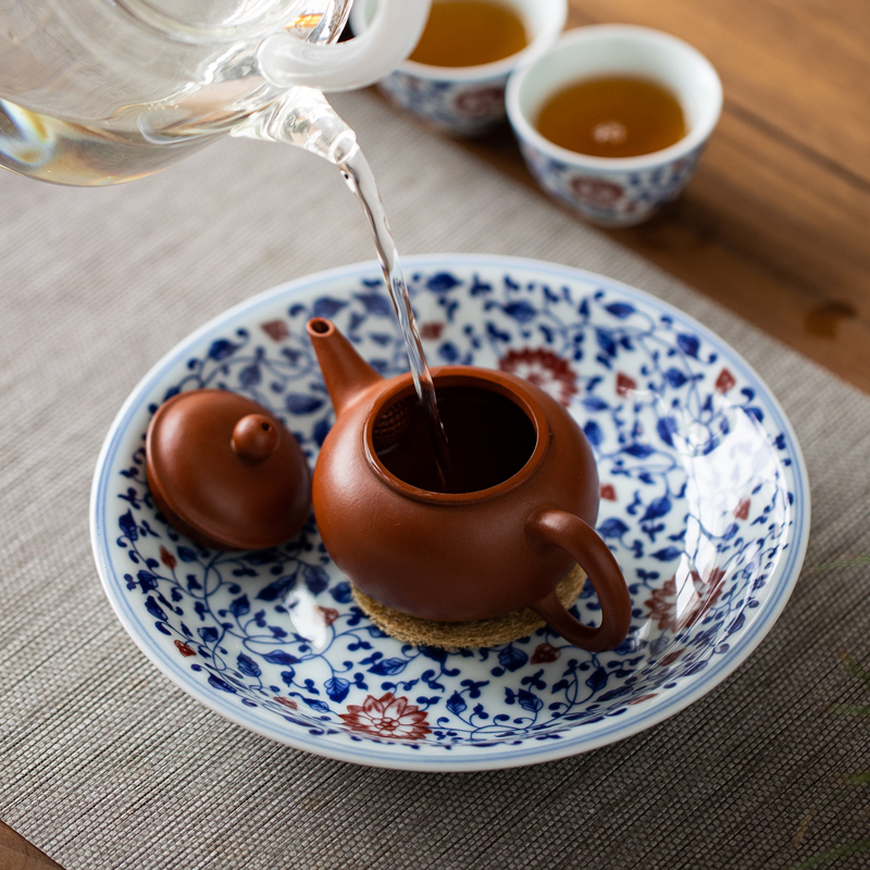 釉里红复古青花紫砂壶茶承杯垫盖碗茶托果盘干泡台壶托养壶盘壶承