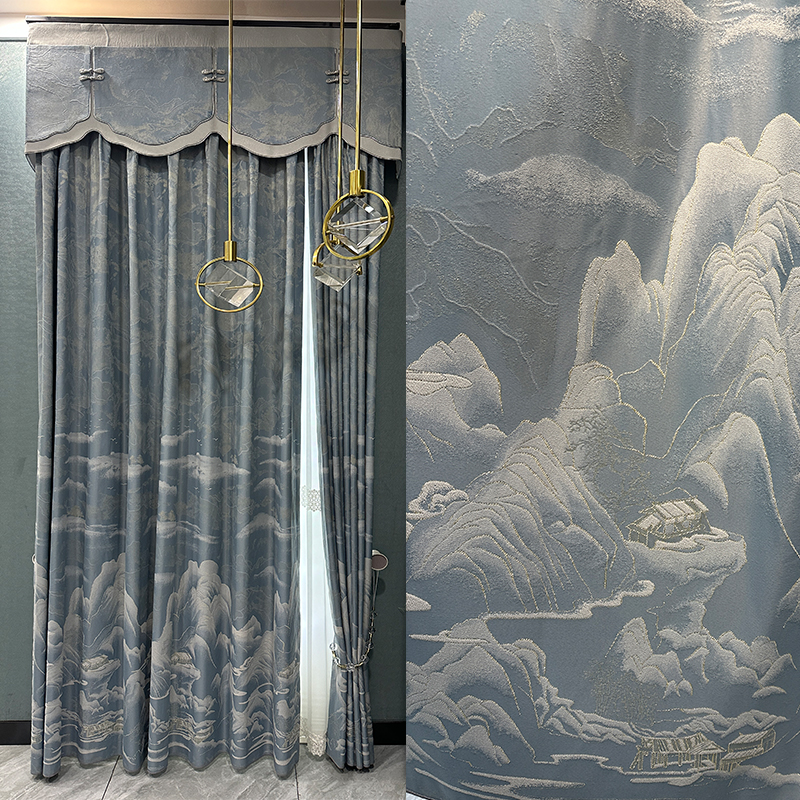 新中式山水画高精密提花窗帘客厅卧室书房阳台遮光布帘成品定制