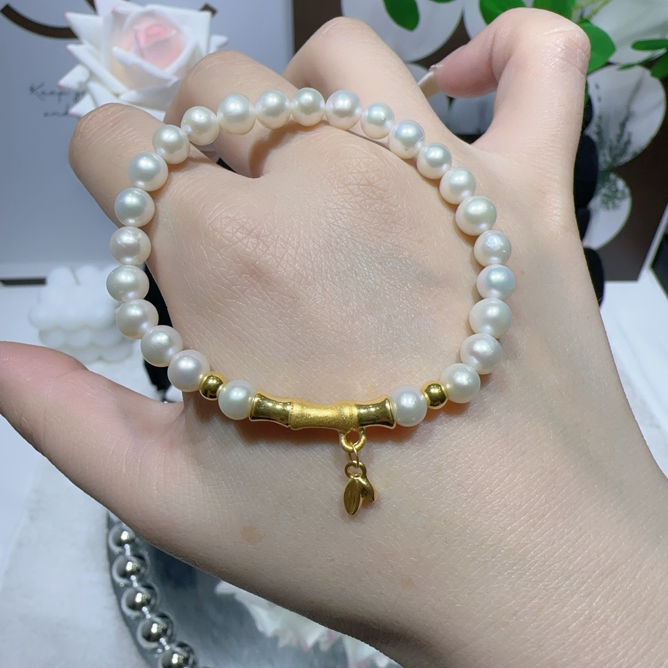 天然淡水珍珠手链足金999竹节金珠时尚气质古法小仙女百搭女士款
