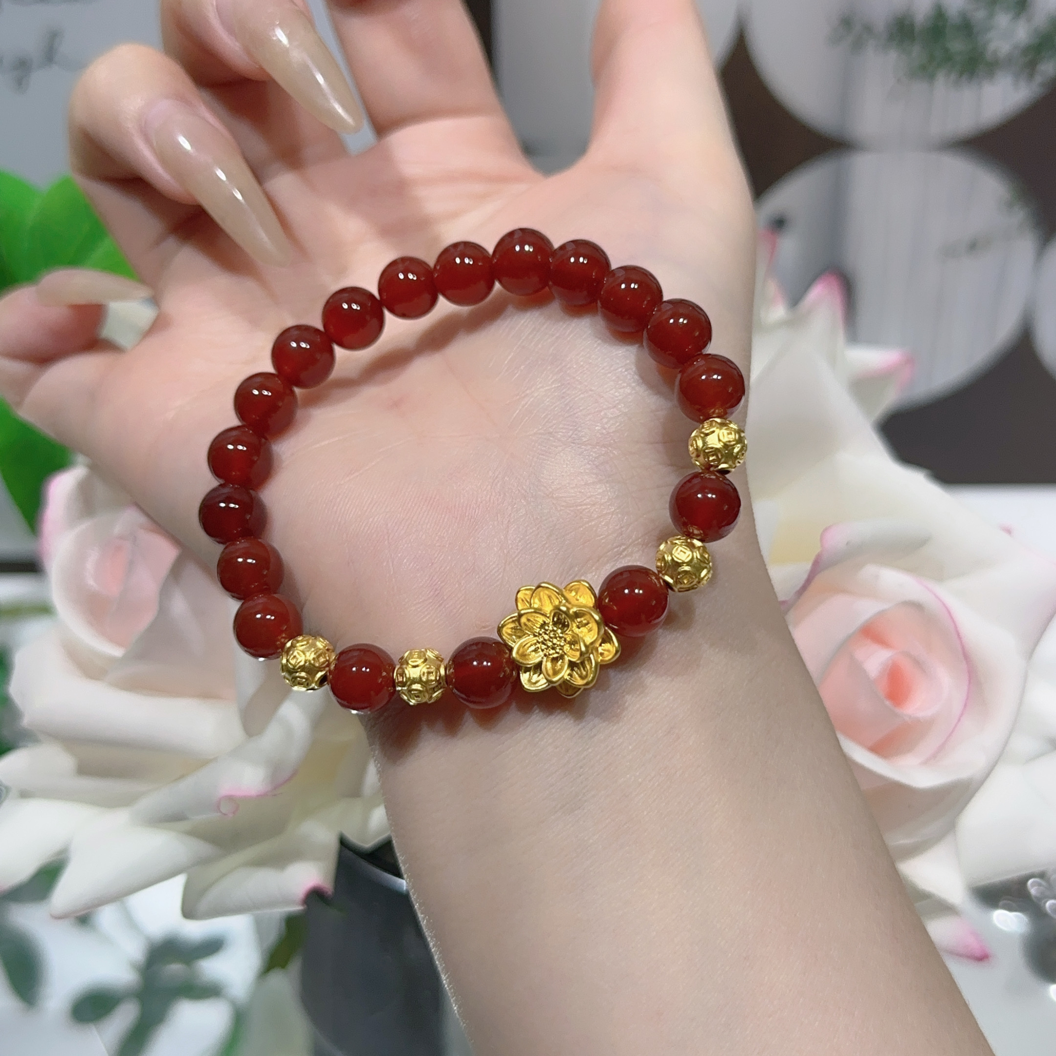 纯天然玛瑙足金999大莲花金钱球手链古法精美时尚气质仙女美女款