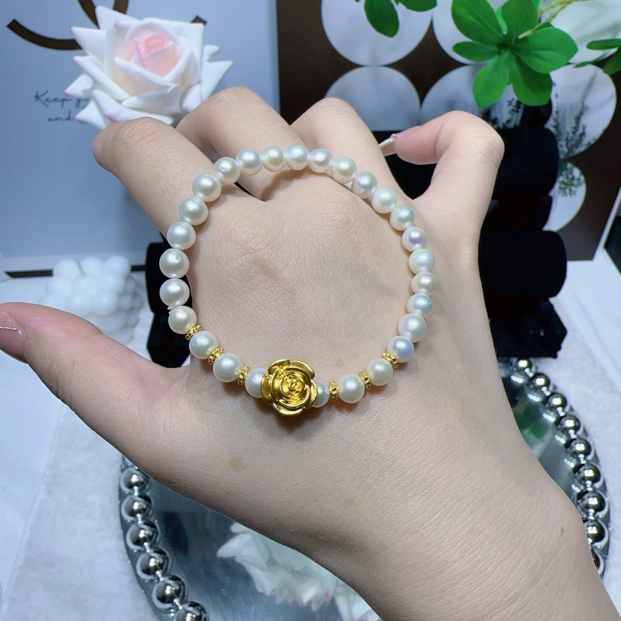 天然淡水珍珠手链足金999玫瑰花隔片精美时尚气质轻奢百搭仙女款