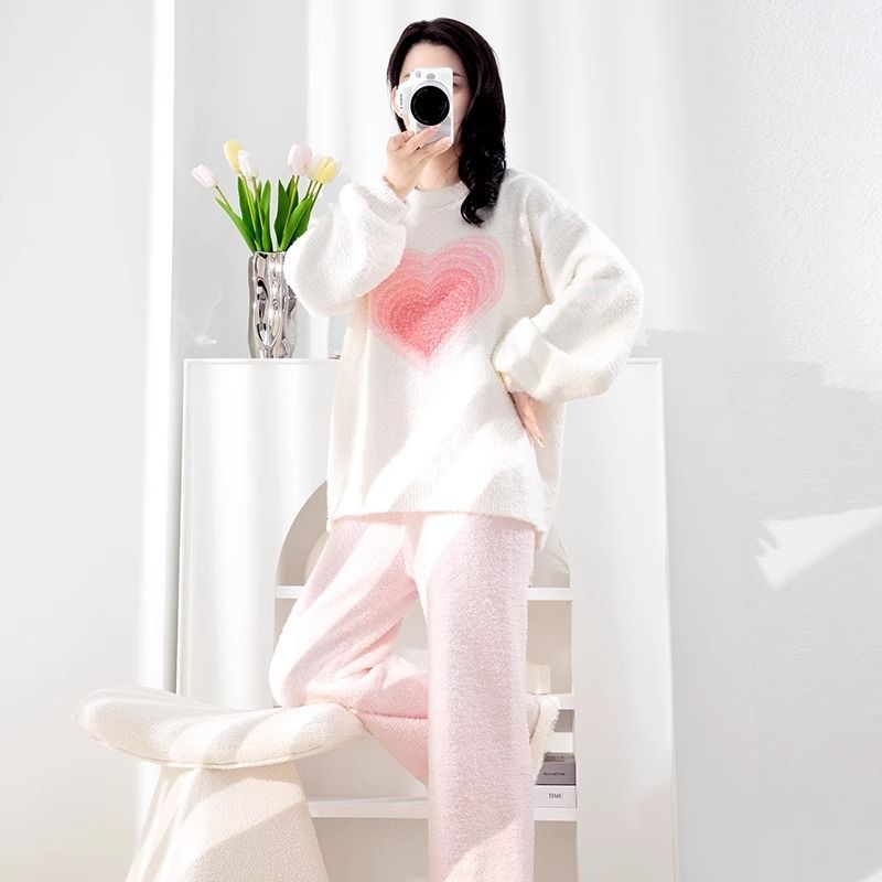 甜美爱心睡衣女秋冬季新款珊瑚绒加厚加绒可外穿软绵绵家居服套装