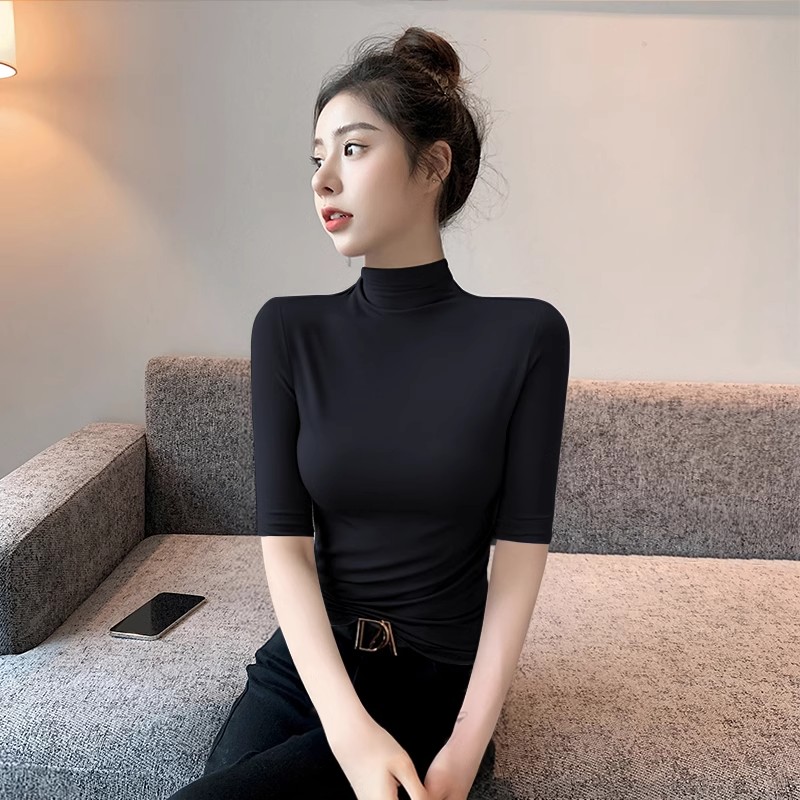 拉夏贝尔黑色中袖女上衣七分袖2024新款五分袖冰丝半高领内搭打底