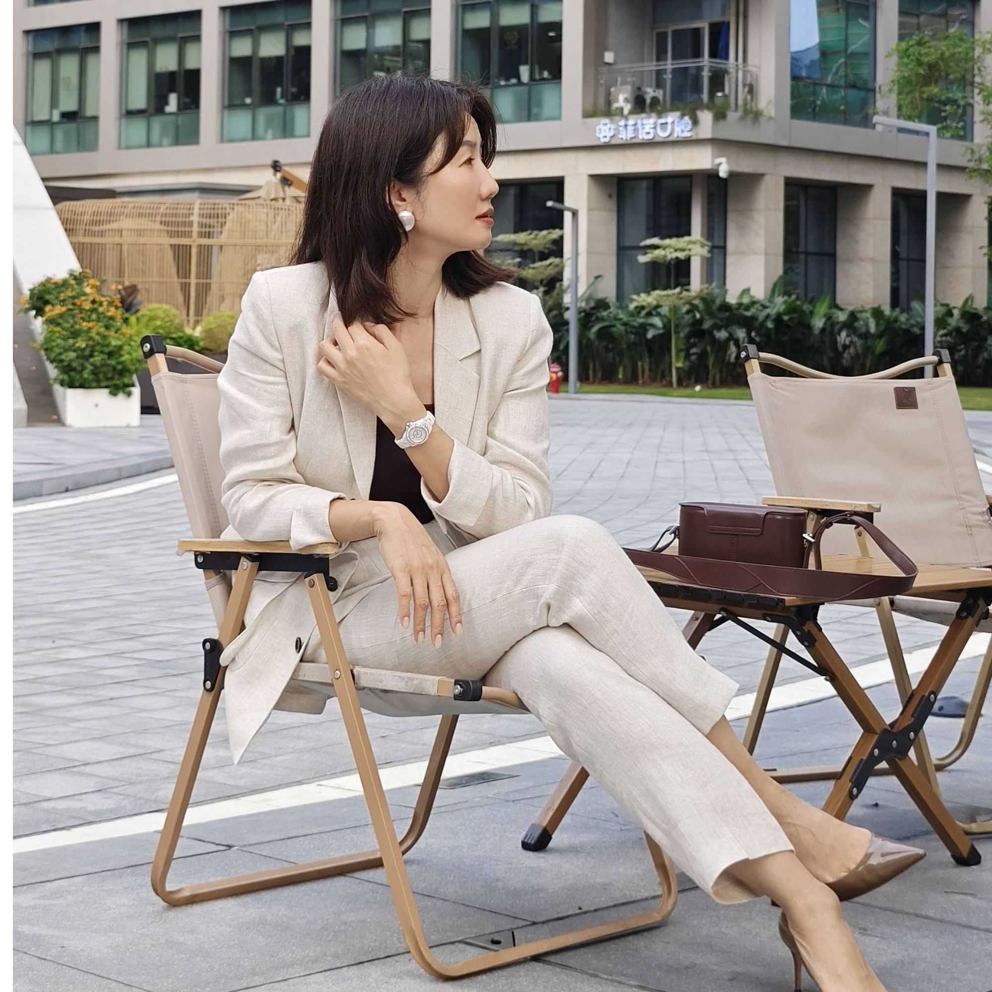 "WANG RAN 优雅骑士系列亚麻透气 经典廓形套装"