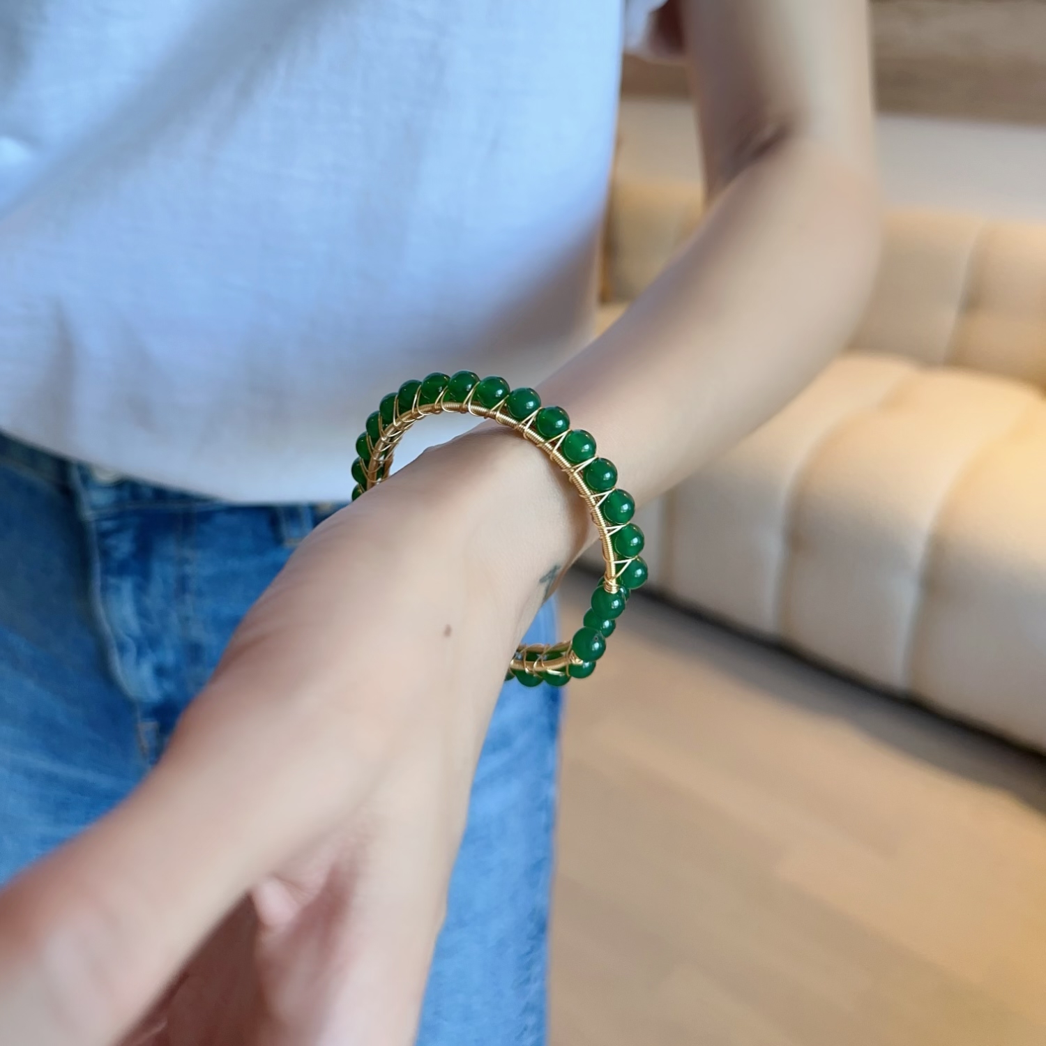 合金仿水晶手镯 手镯小众高级感珠珠开口可调节绿色国风中古