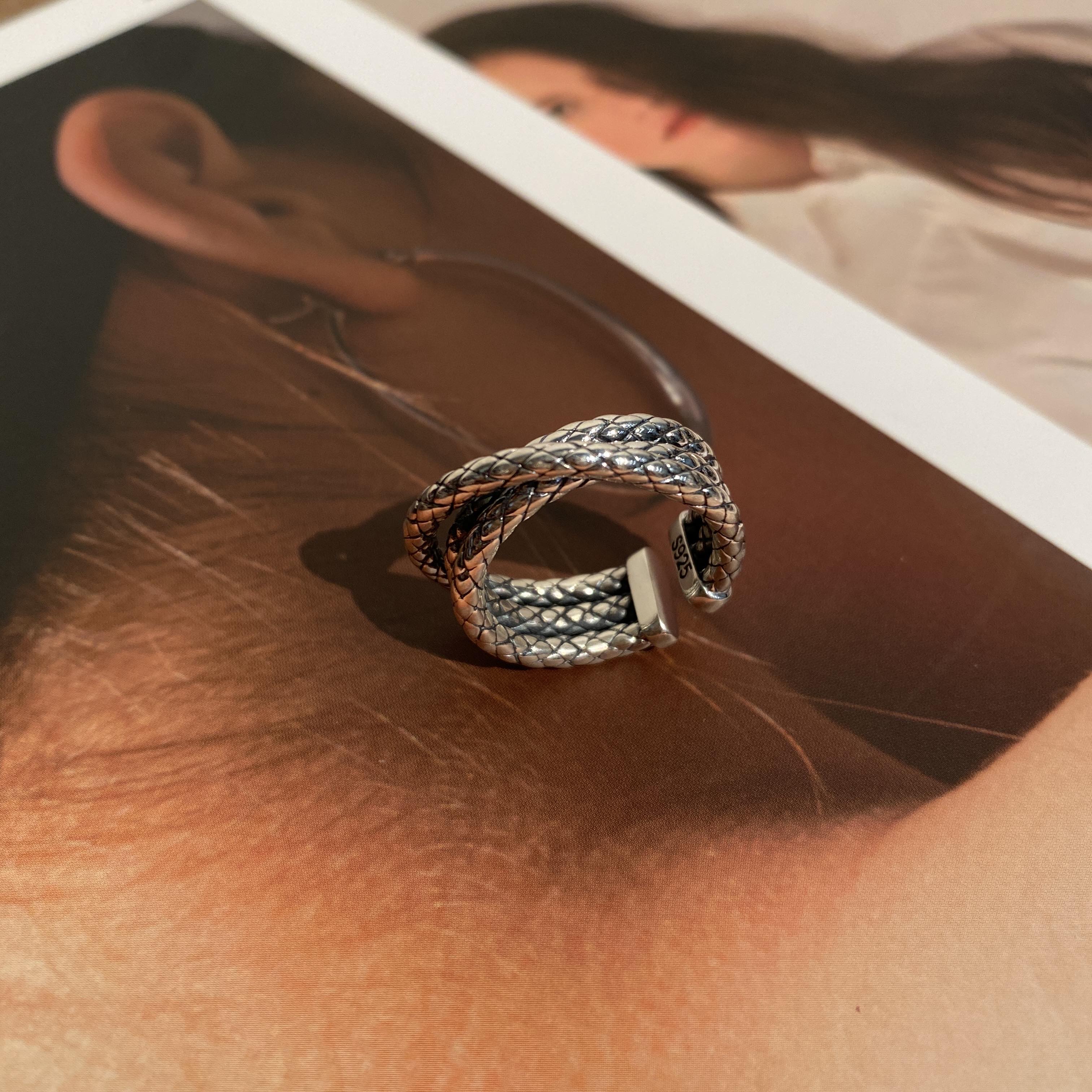 925银戒指 S925银原创小众设计时尚做旧菱形多层戒指百搭个性