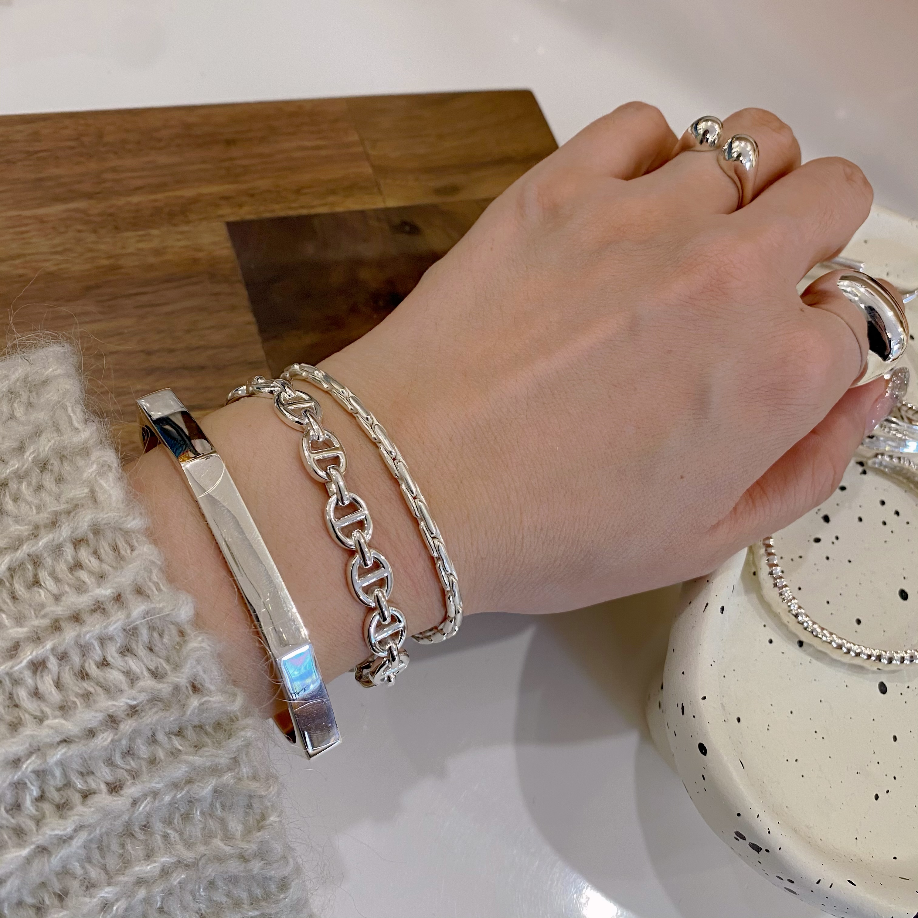 925银手镯 S925银原创小众设计轻奢高级感百搭菱形贵妃镯简约光面