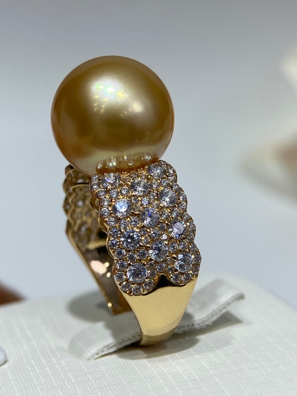 天然海水金珠戒指18k金豪镶千金款12.7-13mm浓金