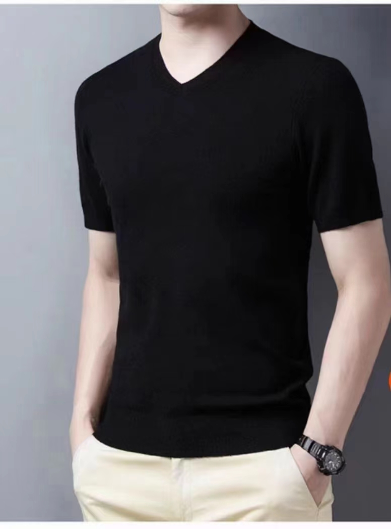 鑫富绒男款精纺纯山羊绒v领薄款短袖针织半袖纯色绒衫套头修身V领