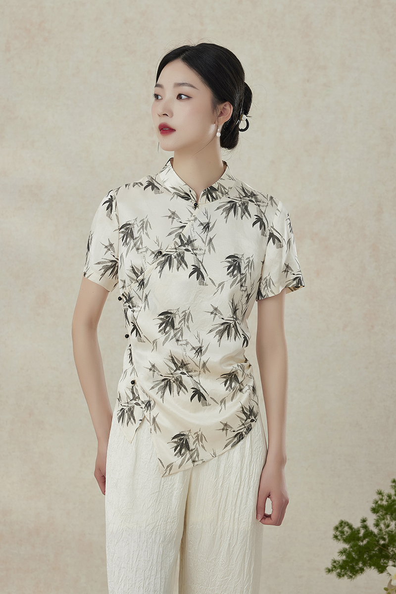 【梨花庄】2024春夏2F1S380夏季中式竹叶印花衬衫