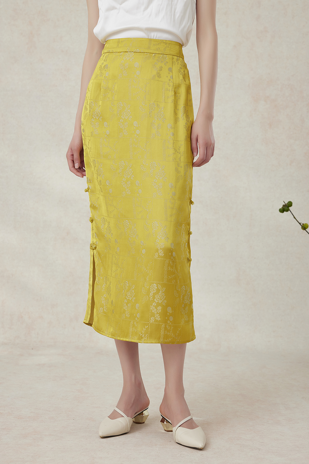 【梨花庄】2024春夏2F1K335女装半身裙气质复古开叉包臀裙