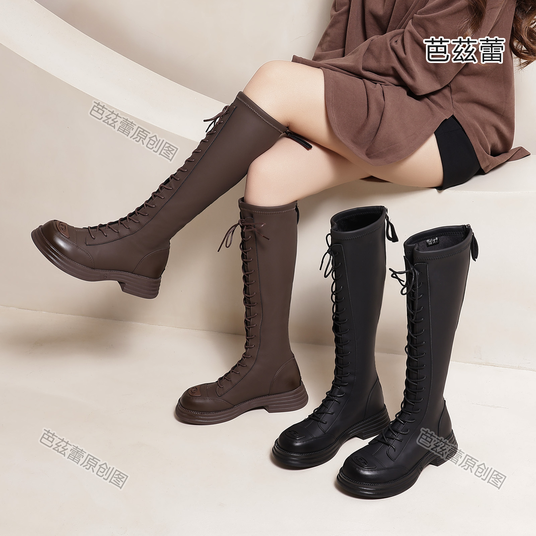 长筒靴女秋冬2023年新款不过膝小个子显瘦绑带英伦风高筒骑士靴