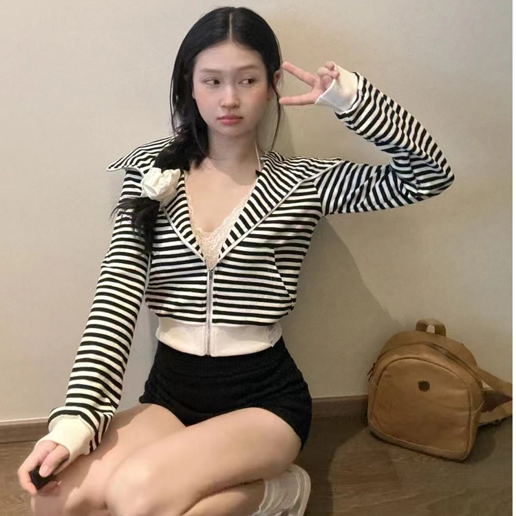 美式复古条纹连帽开衫拉链短款外套女秋季新款薄款韩版百搭潮