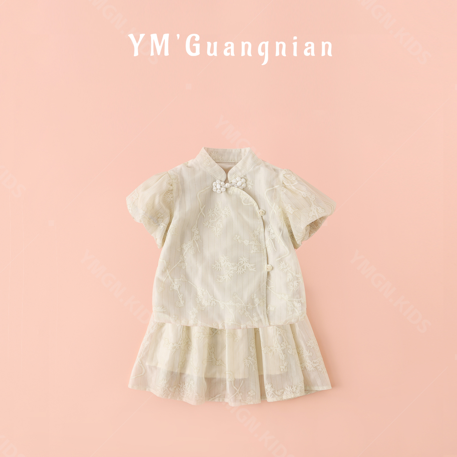 【幼棉光年】女童夏款儿童复古泡泡袖小童蕾丝裙子套装527117