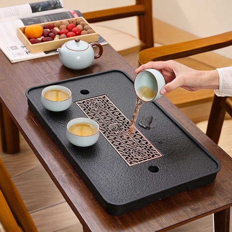 小型轻奢家用茶盘茶具茶台储水排水仿乌金瓷石茶盘式古窗仿乌金