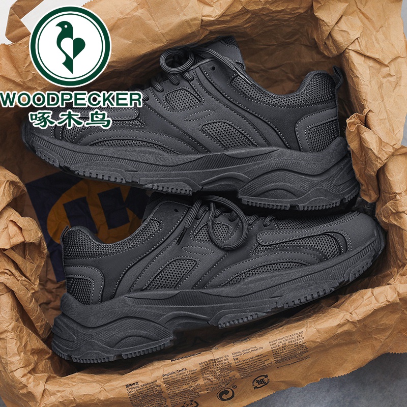 【啄木鸟正品】男鞋夏季透气耐磨跑步运动鞋子男款厚底黑色老爹潮鞋