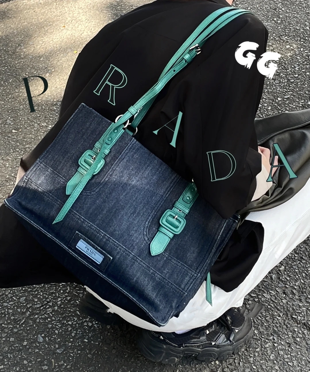 95新 Prada/普拉达 牛仔剑桥拼色单肩托特包邮差包/GG/7045613