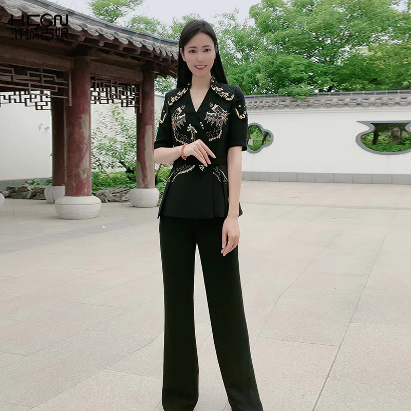 中国风刺绣修身两件套短袖穆清风气质西服套装-22B18313+22B19283