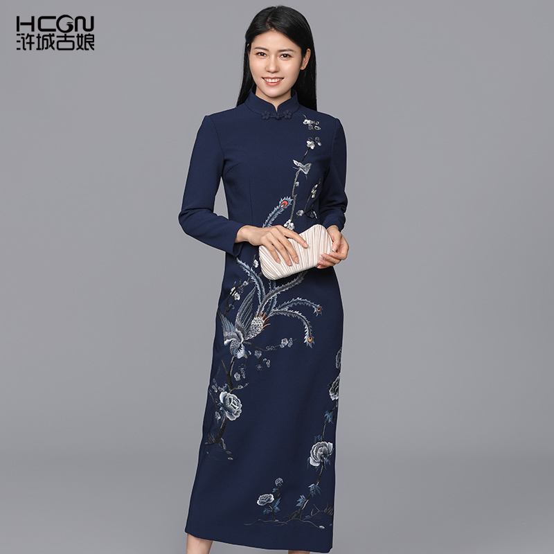 中式秋长袖立领重工刺绣气质优雅修身显瘦花魁鸾凤连衣裙CMT17780