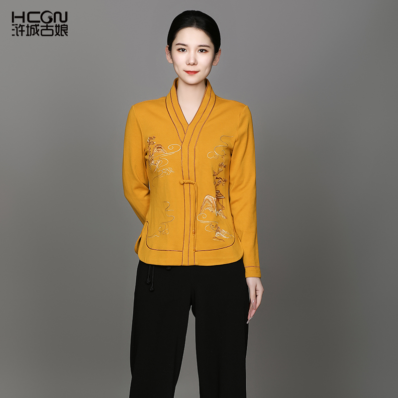 【加绒棉质】国风精致刺绣春V领显瘦舒适百搭金明春山上衣ACL181003