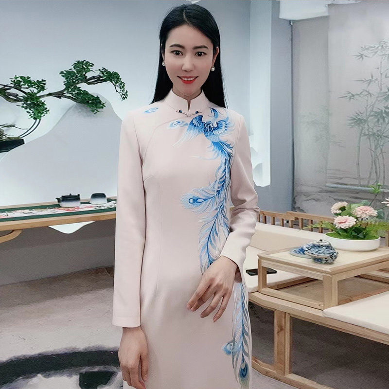 春季中国风重工刺绣修身显瘦气质优雅女舒适凤灵犀旗袍-17A23596 