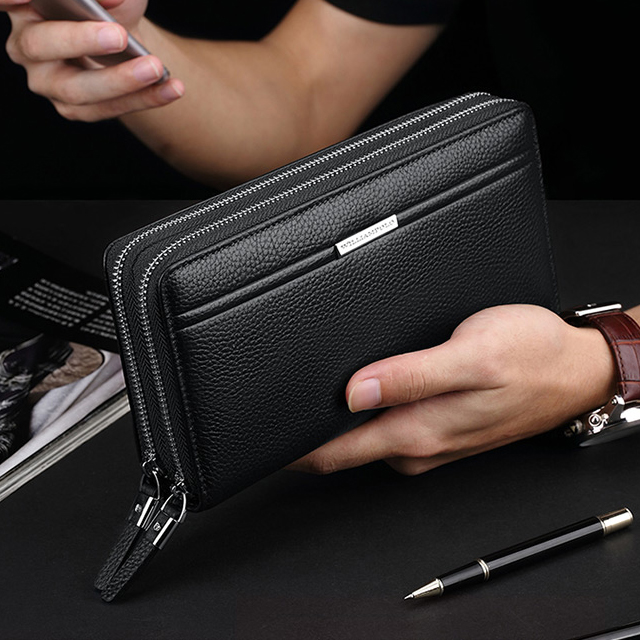 英皇保罗真皮男士手拿包大容量长款钱包高档商务头层牛皮双拉链潮