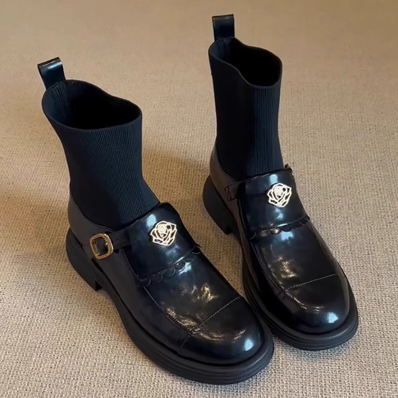 牛皮版！乐福鞋女英伦风圆头小众百搭粗跟山茶花一脚蹬显瘦小皮鞋