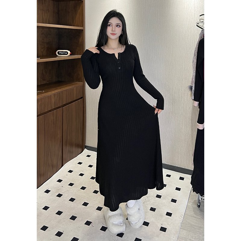 Lanlan现货【秋露凝霜】卡其色长袖针织连衣裙秋冬季打底裙子外套