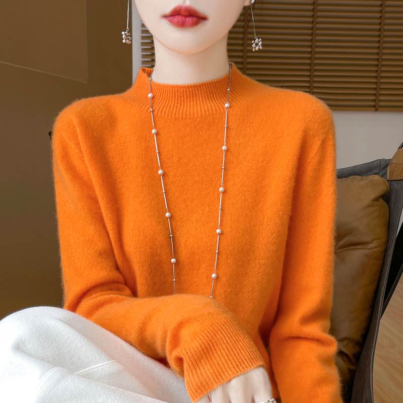 一线成衣半高领100%纯羊绒套头毛衣女秋冬宽松内搭针织打底羊绒衫