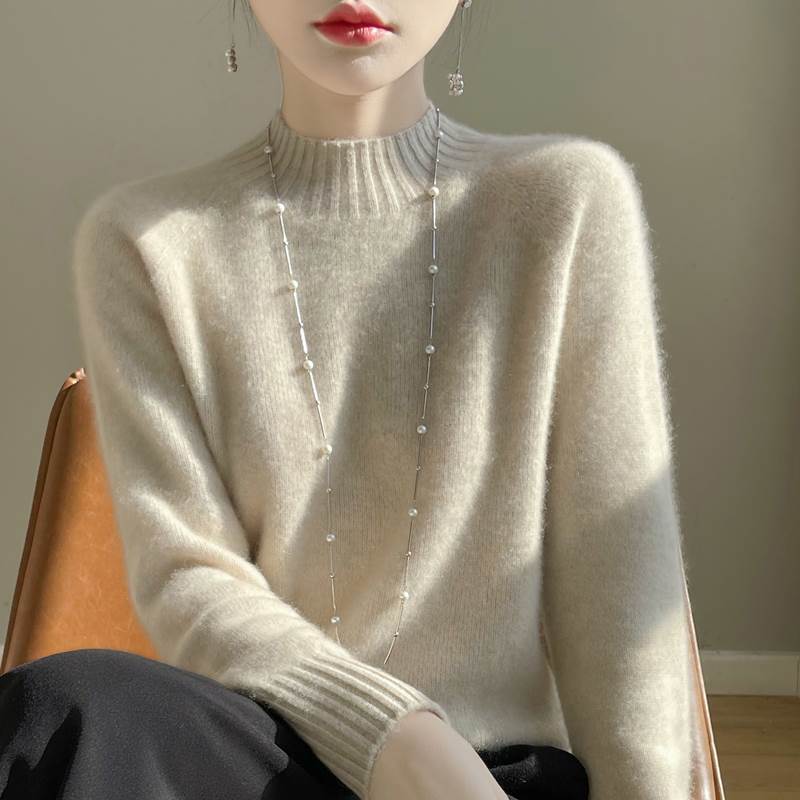 一线七针双股加厚 半高领女纯短款羊 绒衫宽松内搭羊毛毛衣厚款