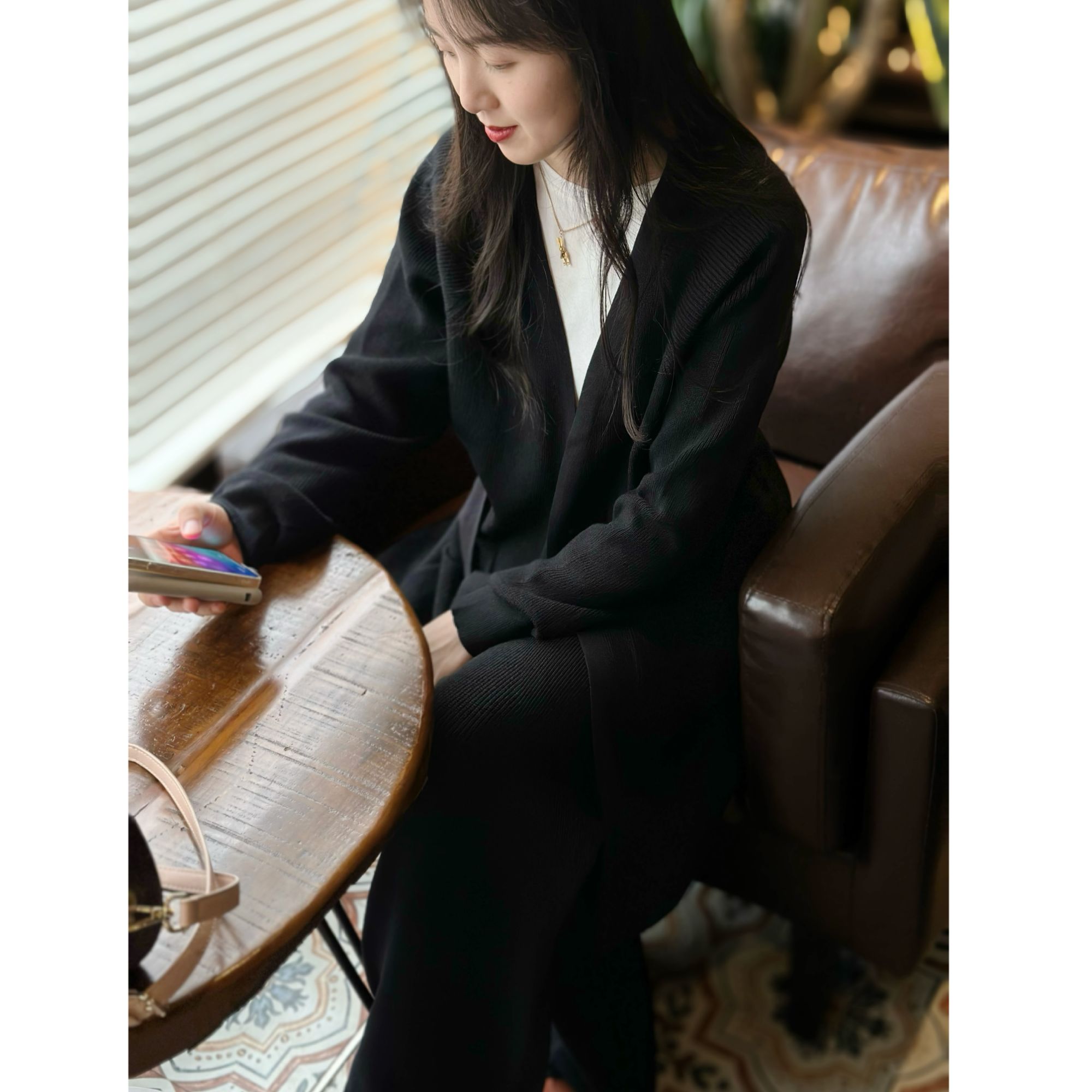 YUANSE/原色 春季中长款针织开衫外套女慵懒开衫高腰直筒裤套装