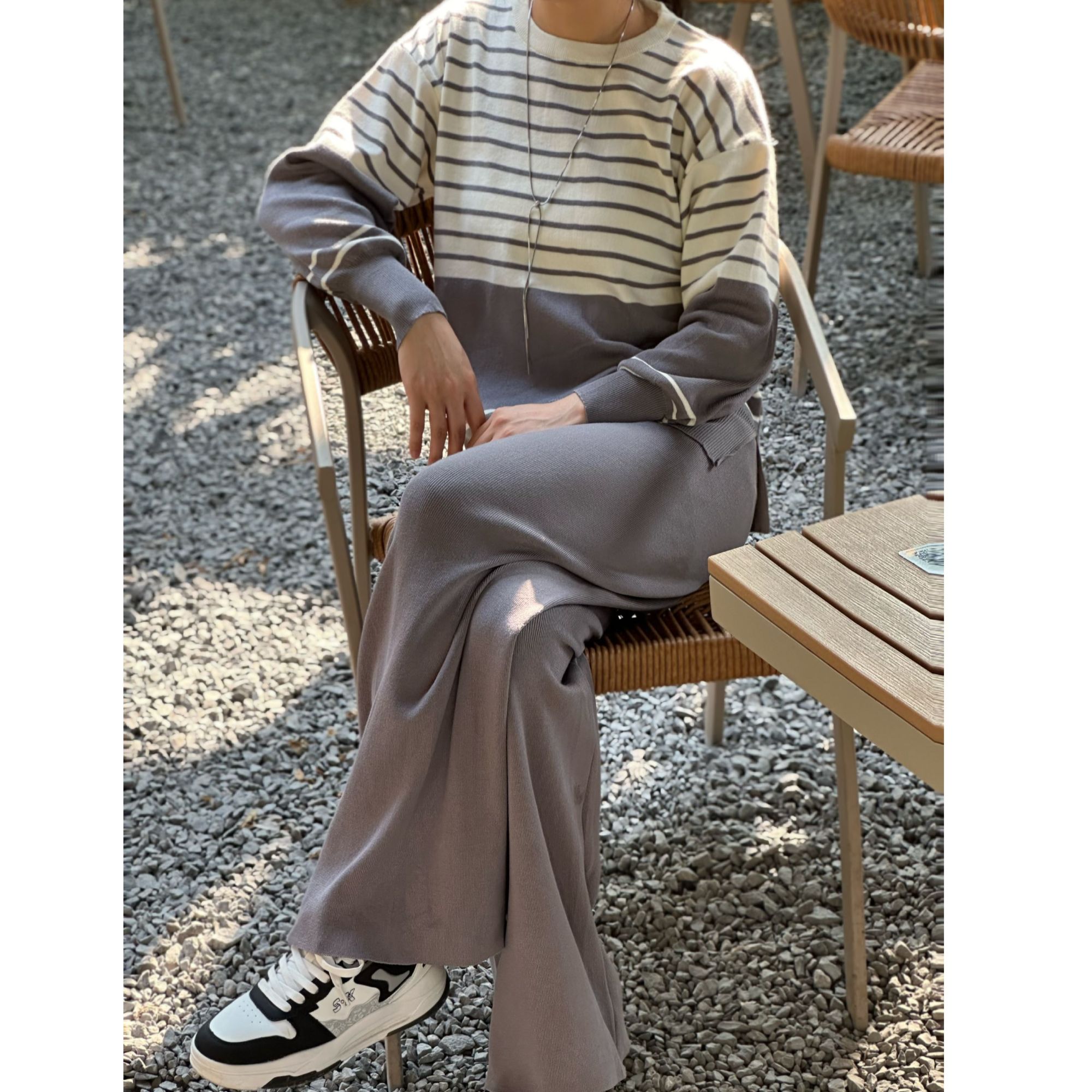 YUANSE/原色 新款条纹上衣宽松阔腿套装时尚简约针织套装两件套